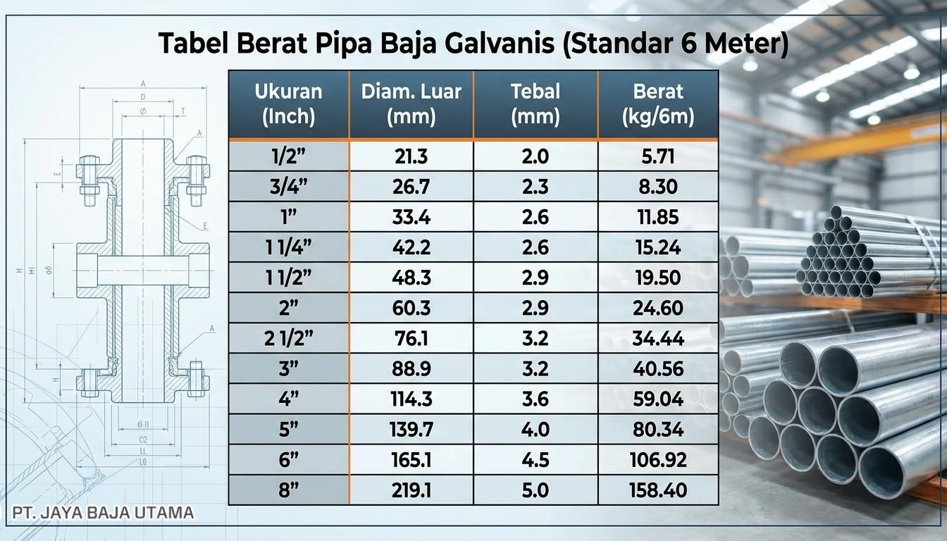 Tabel Berat Pipa Baja Galvanis (Standar 6 Meter)