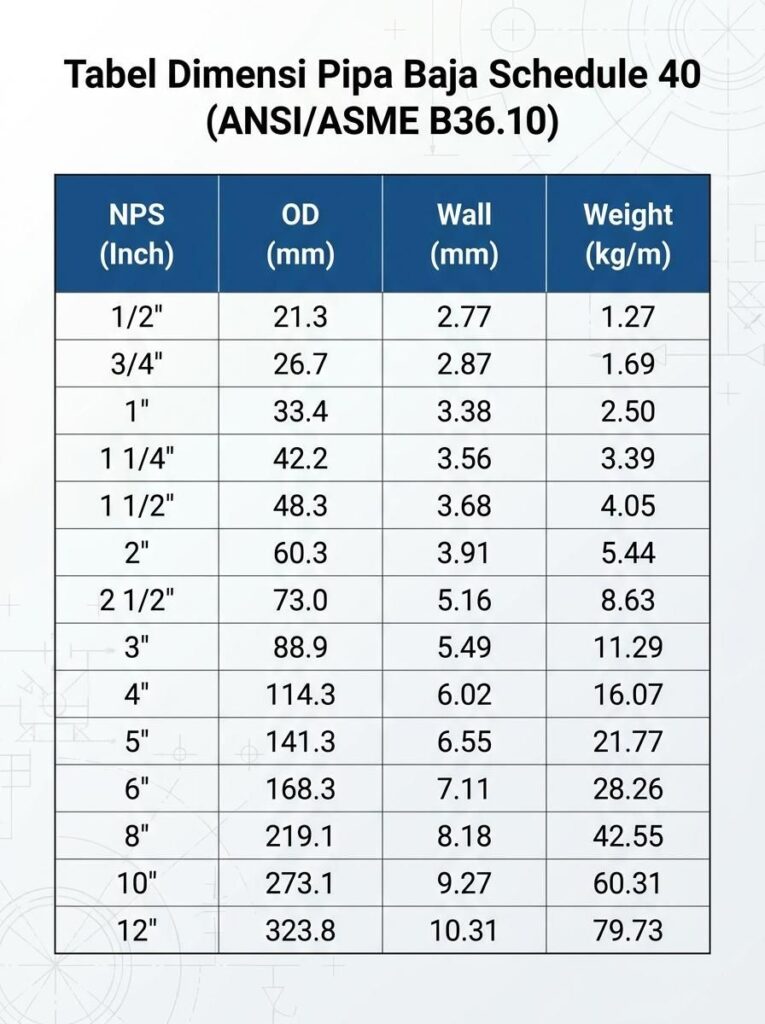 Tabel Dimensi Pipa Baja Schedule 40 ANSI ASME B36.10