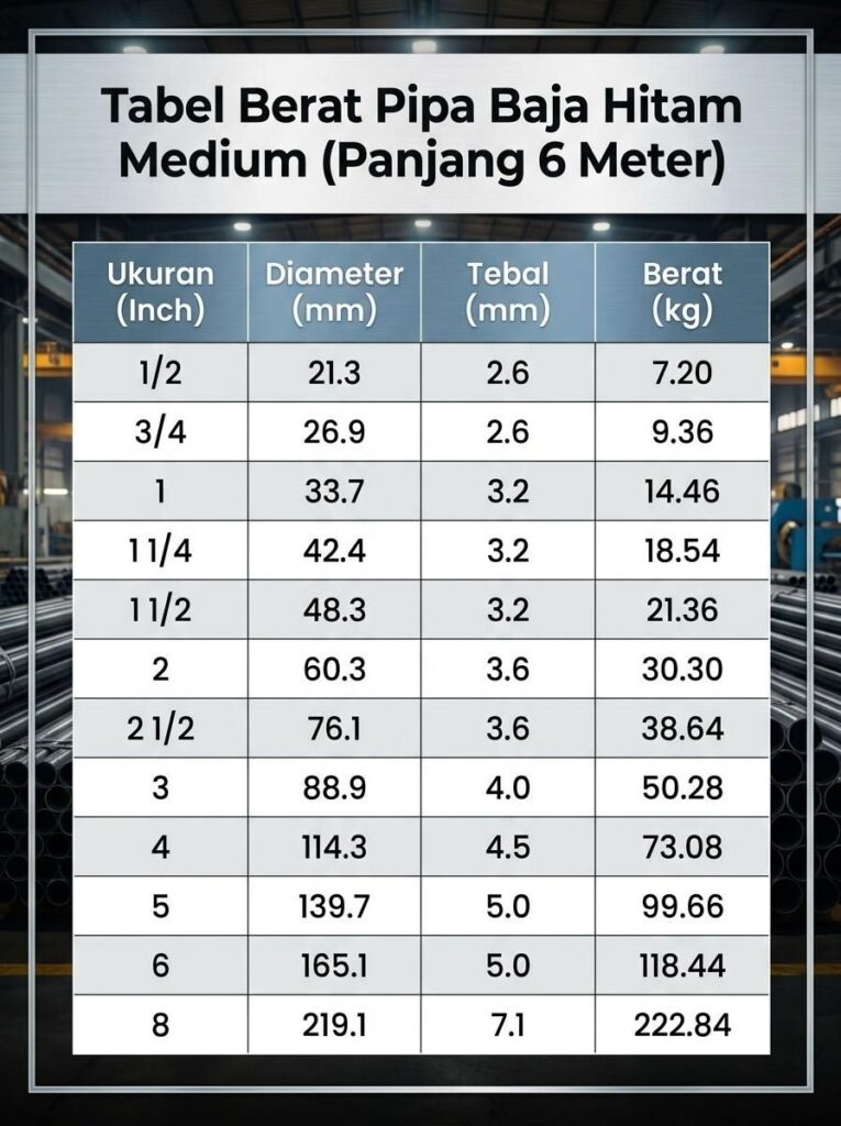 Tabel Berat Pipa Baja Hitam Medium (Panjang 6 Meter)